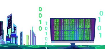 Un ecran d'ordinateur, des gratte-ciel et des chiffres informatique 0,1